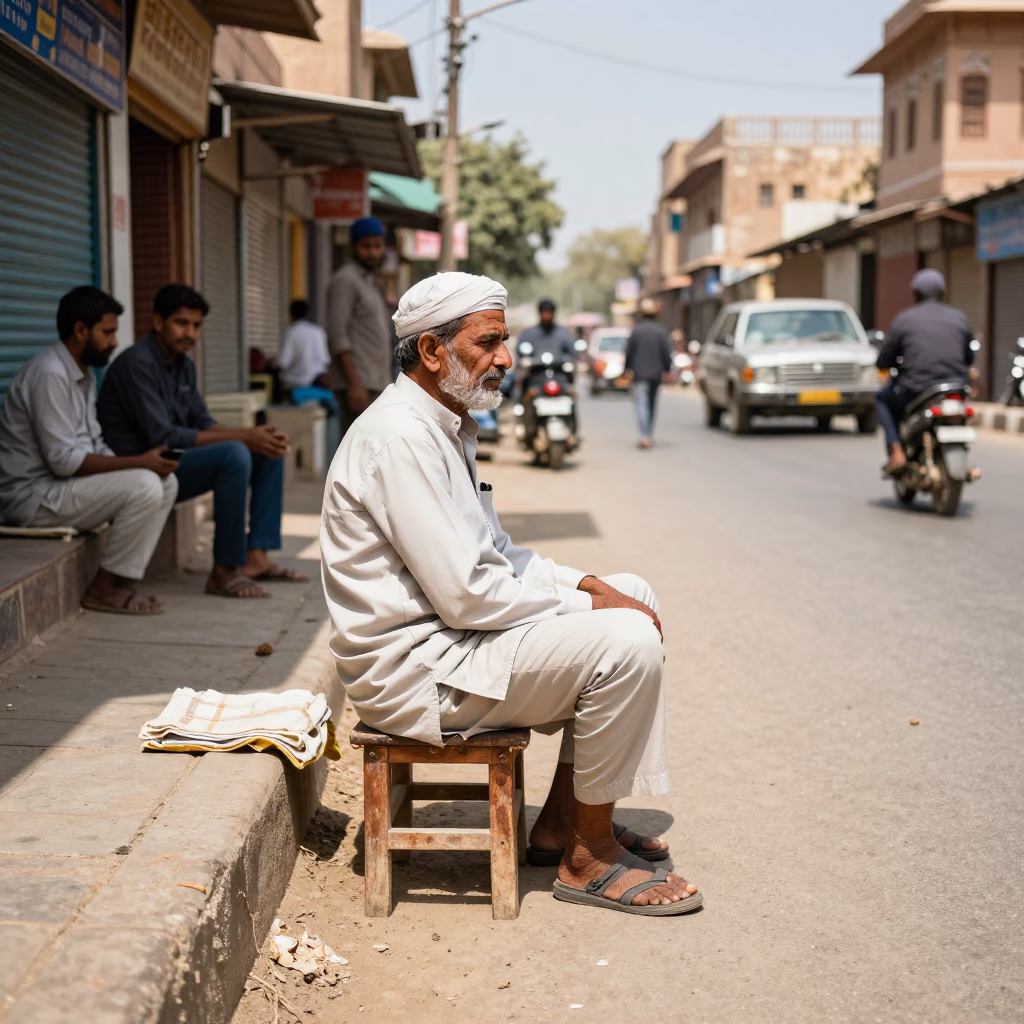 Jaipur Street Scene Noon Light Wooden Stool Vendor and Pink Architecture in in Jaipur, India