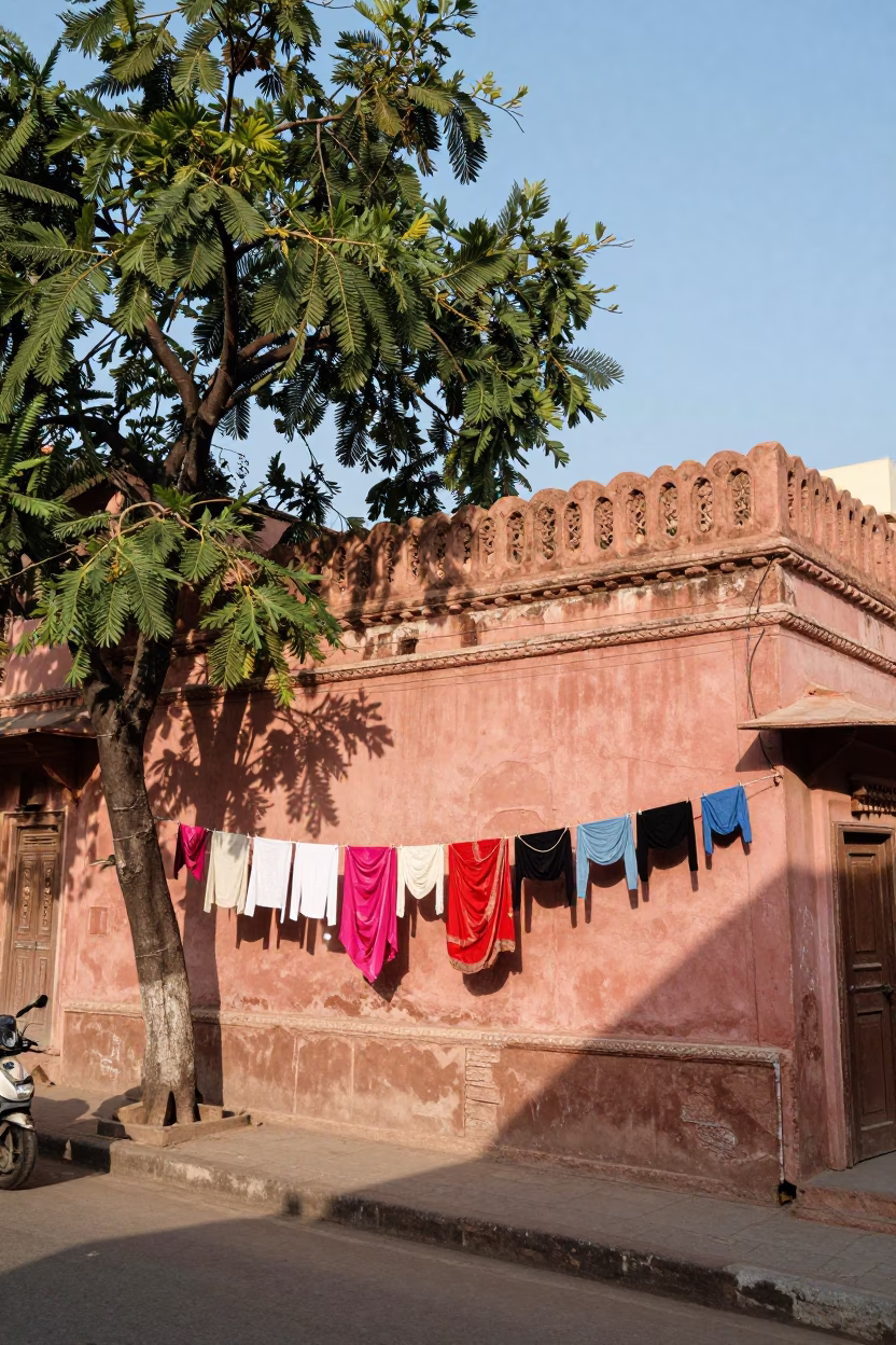 Jaipur street scene with clothesline and tamarind tree in clear late afternoon light in in Jaipur, India