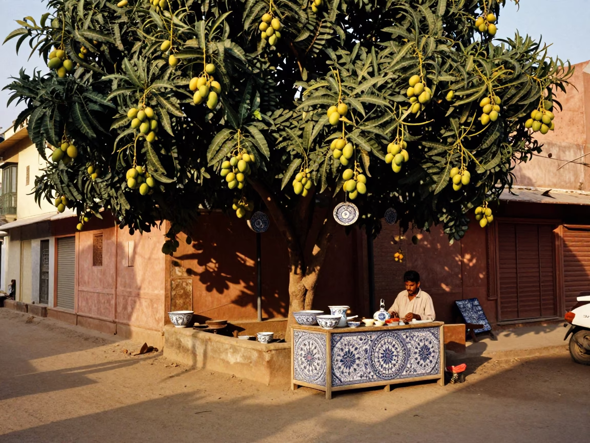Jaipur Street Scene with Mango Tree and Vintage Majolica Plate in in Jaipur, India