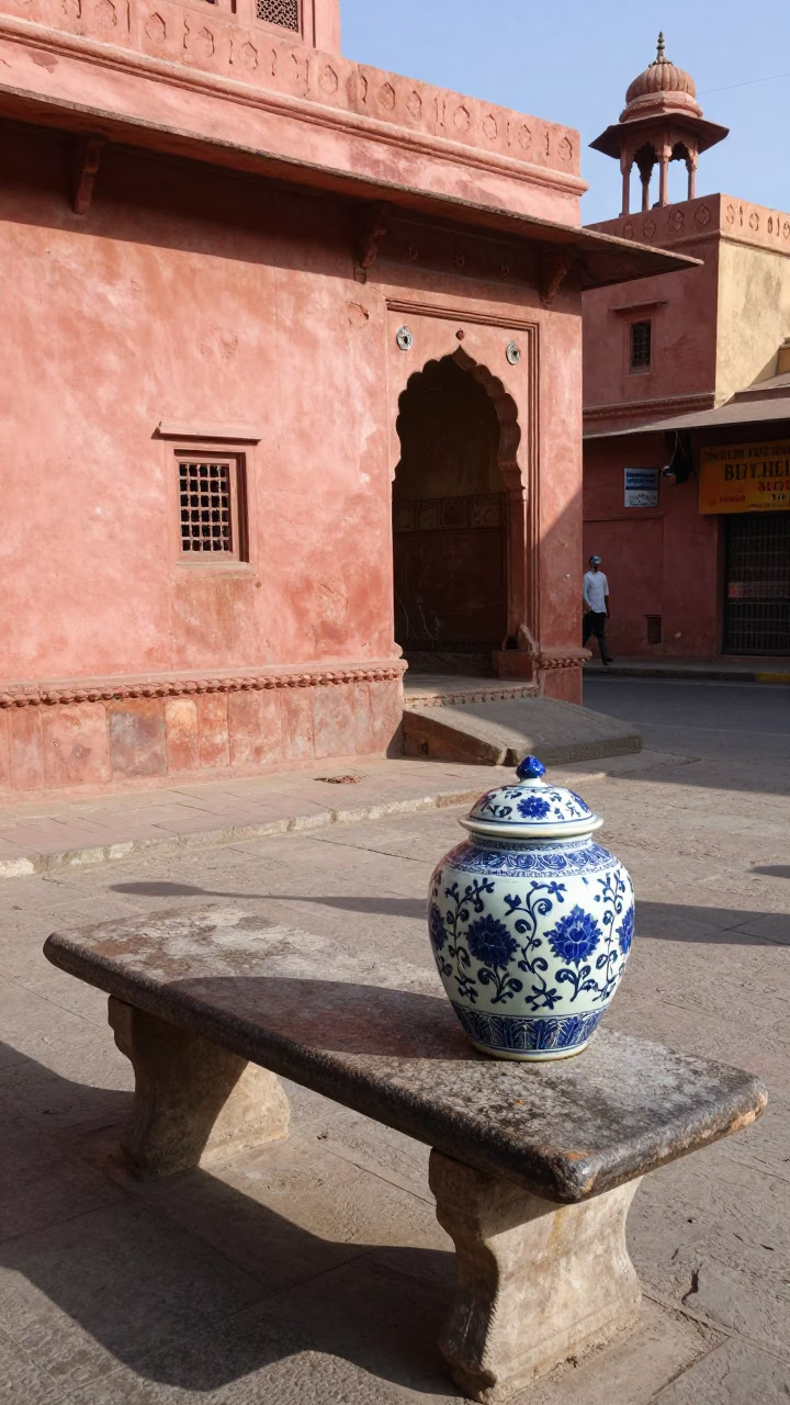 Jaipur Street Scene with Porcelain Jar and Condensation on Bench in Late Morning Light in in Jaipur, India