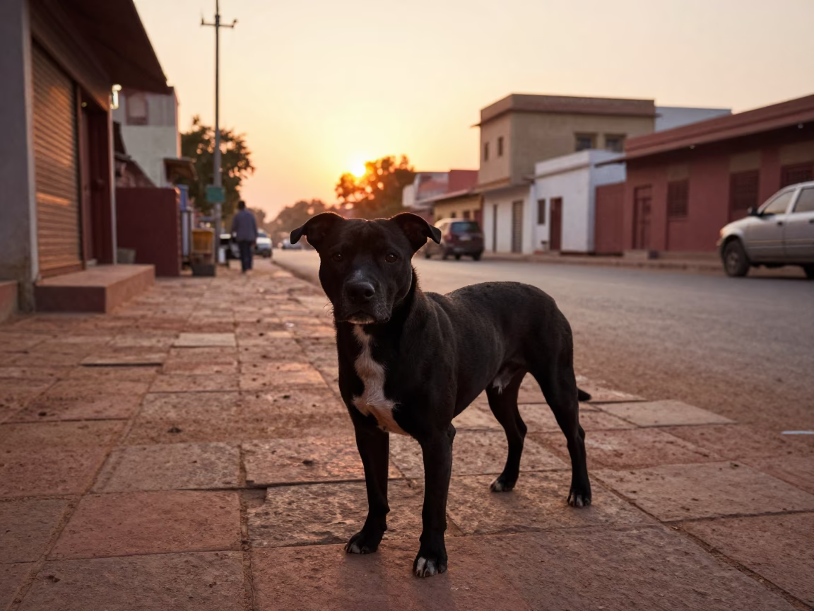 Jaipur street scene with Staffordshire Bull Terrier and traditional architecture at sunset in in Jaipur, India