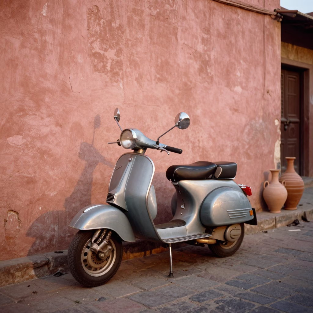 Jaipur street scene with vintage Vespa and traditional pottery in honeyed evening light in in Jaipur, India