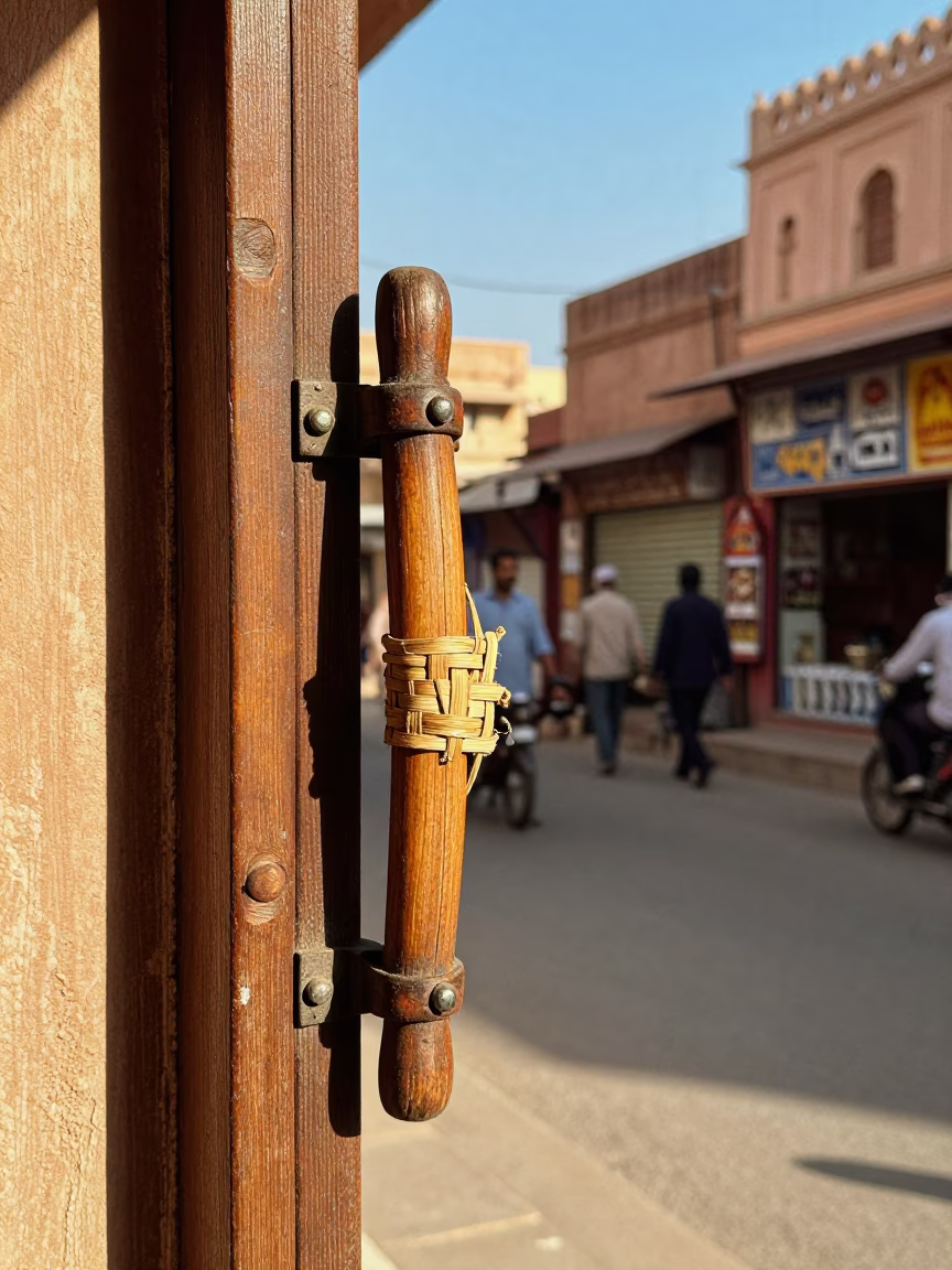 Jaipur street scene with wooden gate handle and woven mats in in Jaipur, India