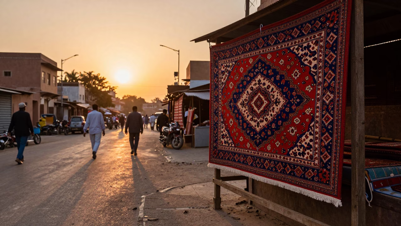 Jaipur Street Sunset Scene with Patterned Rug and Traditional Pottery at Market in in Jaipur, India