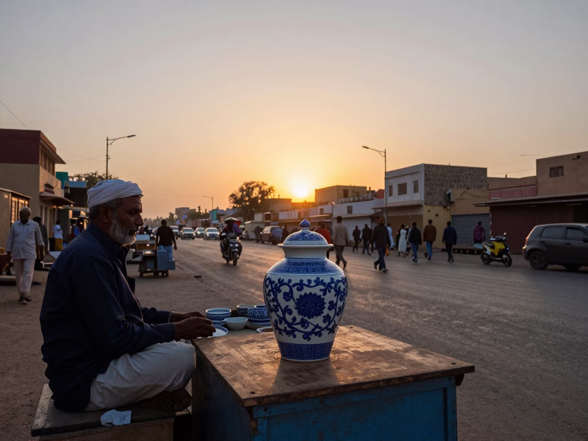 Jaipur Street Vendor at Dusk with Blue Porcelain Jar and Hanging Pearls Plant in in Jaipur, India