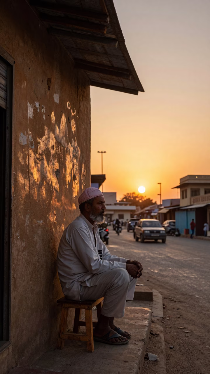 Jaipur Street Vendor at Sunset with Wooden Stool and Turquoise Paint in in Jaipur, India