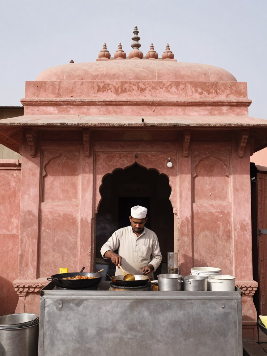 Jaipur street vendor cooking with skillet and ladle under overcast sky in in Jaipur, India