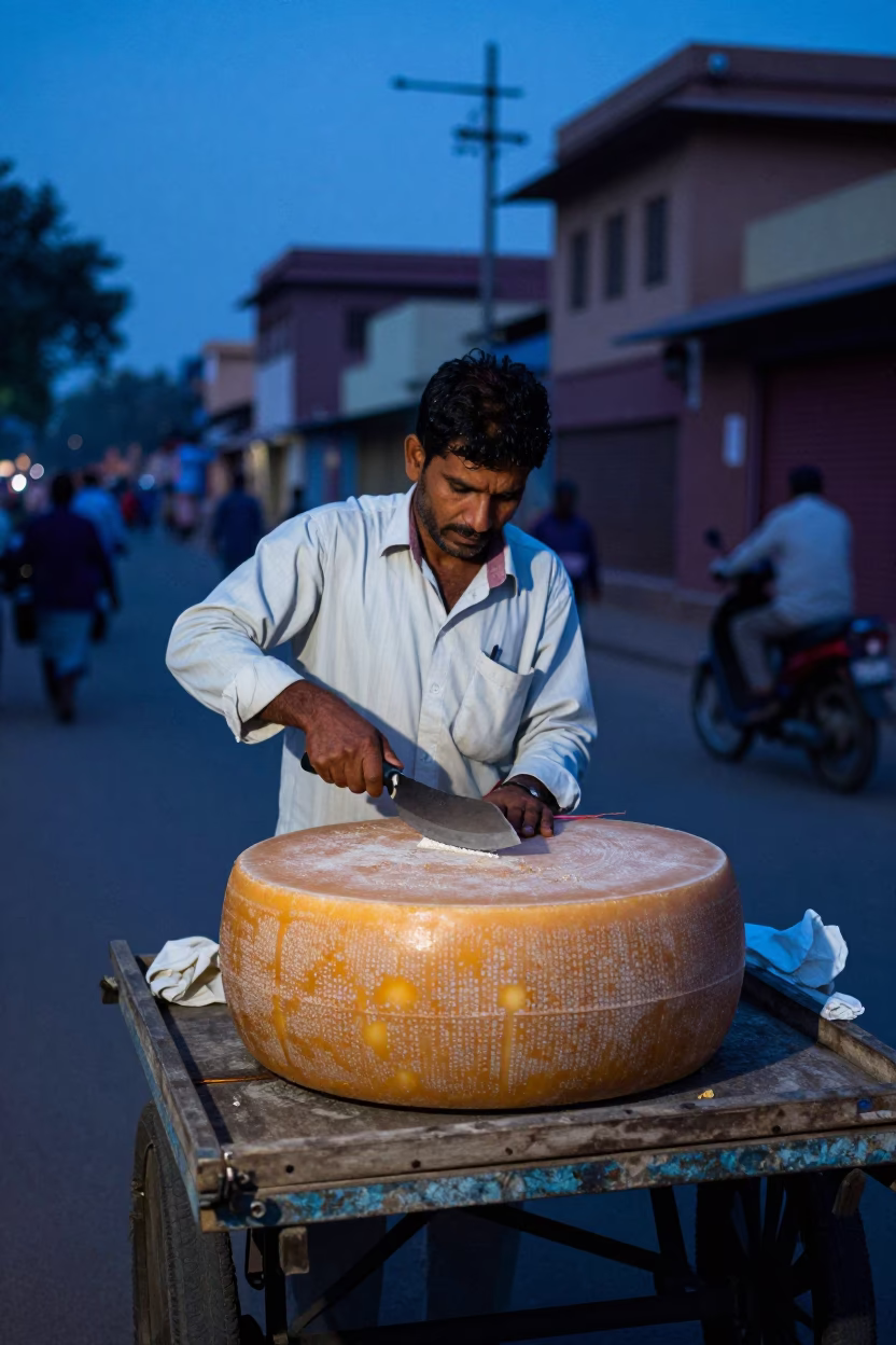 Jaipur Street Vendor Cutting Cheese Wheel at Evening Blue Light in in Jaipur, India