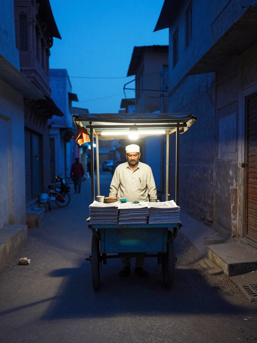 Jaipur Street Vendor Evening Light with Newspaper Stack and Tool Hooks in in Jaipur, India