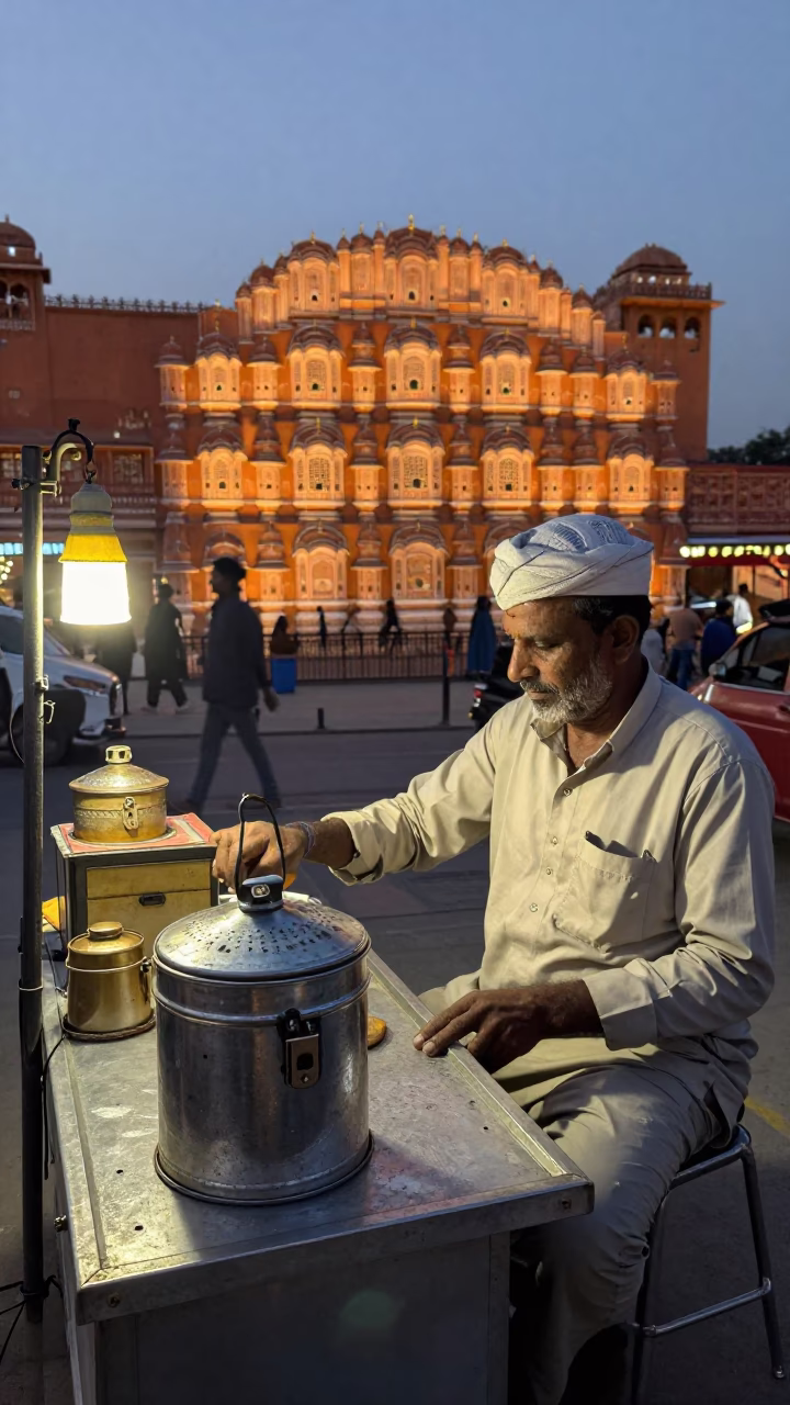 Jaipur Street Vendor Evening Lights with Coffee Tin and Cash Box in in Jaipur, India