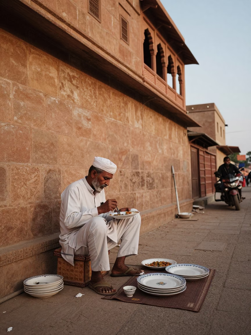 Jaipur Street Vendor Evening Meal Ceramic Plate and Desk Lamp in in Jaipur, India