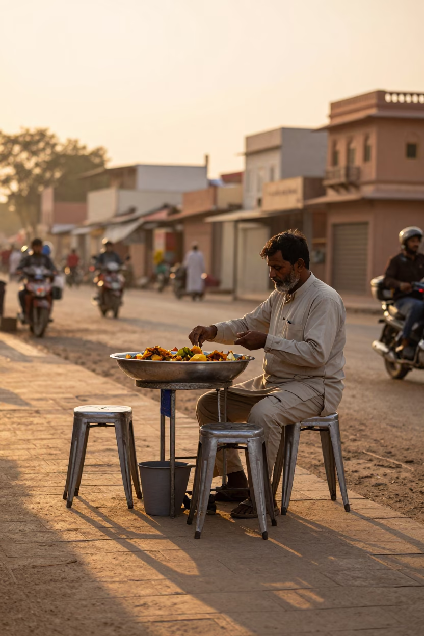 Jaipur Street Vendor Evening Service with Metal Stools and Sunlight in in Jaipur, India