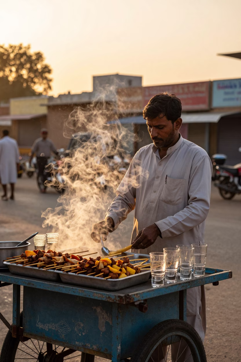 Jaipur Street Vendor Golden Hour Satay Skewers and Glass Tumblers in in Jaipur, India