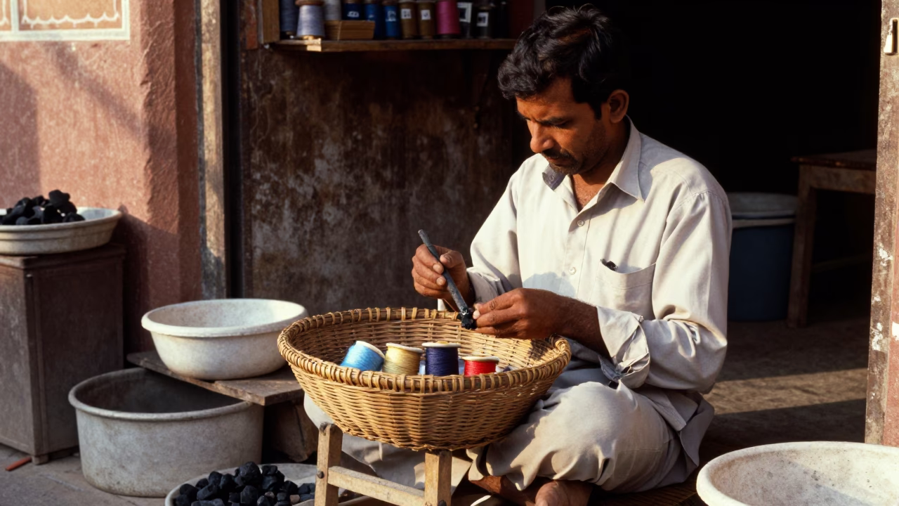 Jaipur Street Vendor Mending Basket and Charcoal Stick in Late Afternoon Light in in Jaipur, India