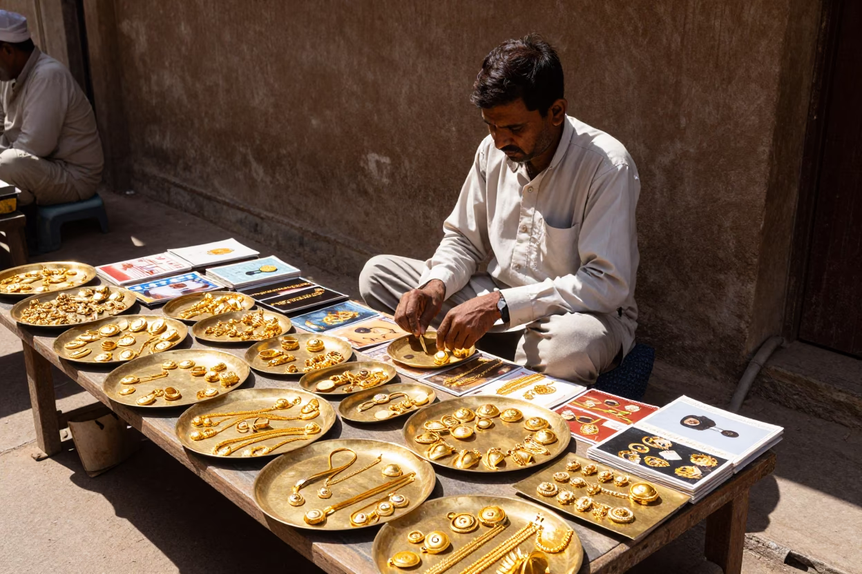 Jaipur Street Vendor Noon Light Postcards and Gold Jewelry Display in in Jaipur, India