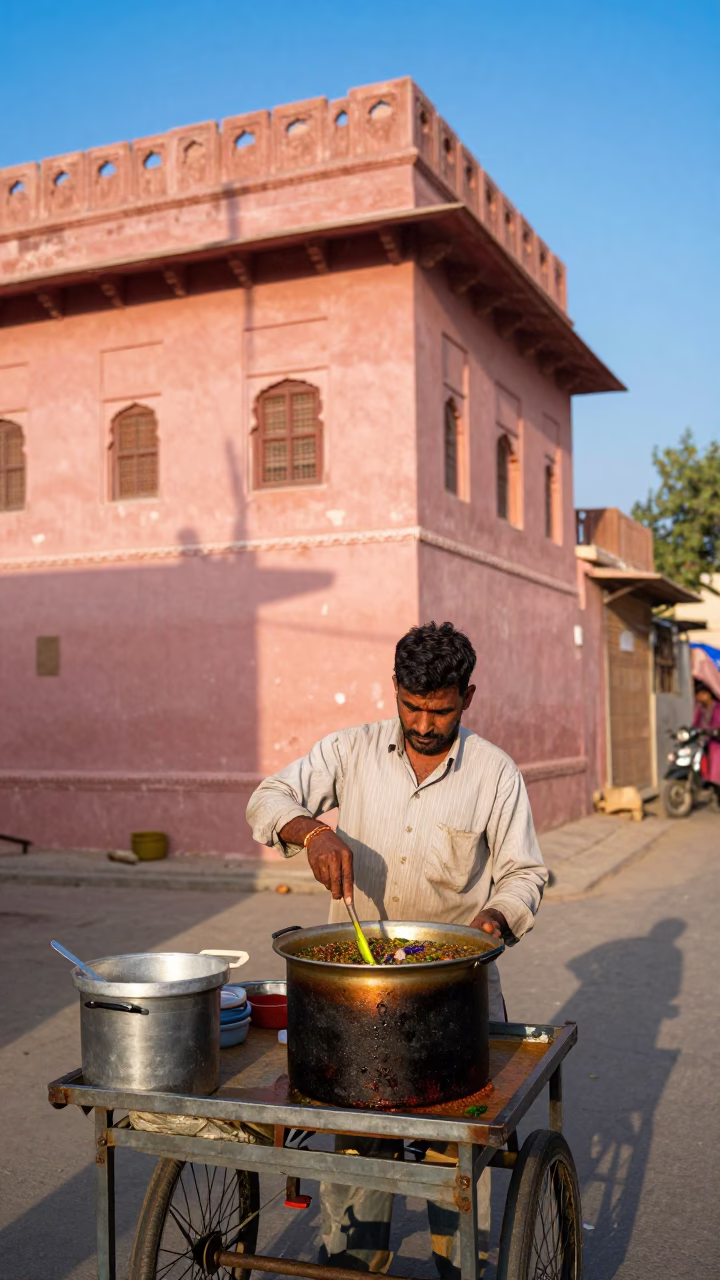 Jaipur street vendor preparing fasolia bean stew with fresh bread in late afternoon light in in Jaipur, India