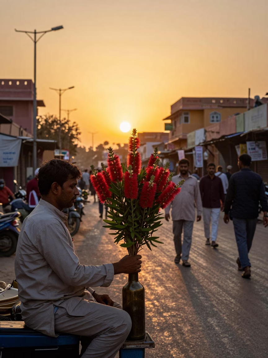 Jaipur street vendor selling bottle brush flowers under golden hour sunset light in in Jaipur, India