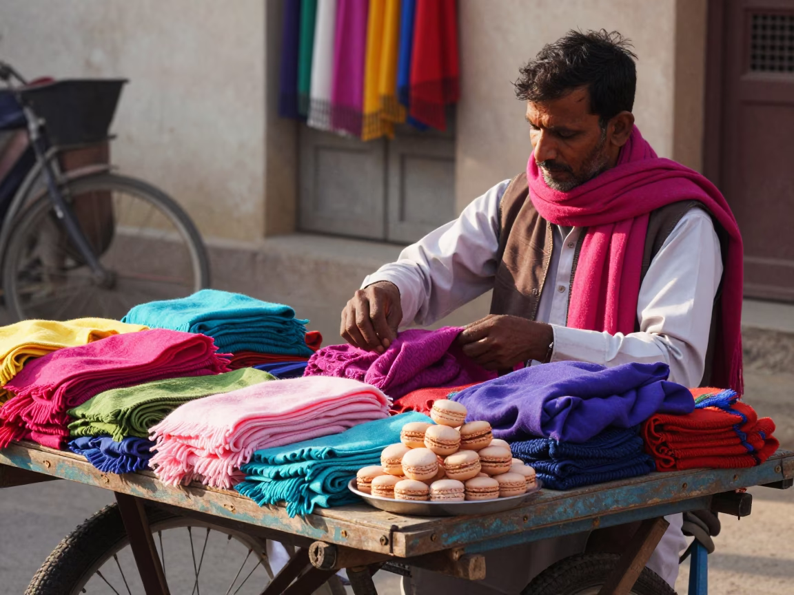 Jaipur Street Vendor Selling Colorful Wool Scarves and Pastel Macarons in Late Morning Sunlight in in Jaipur, India