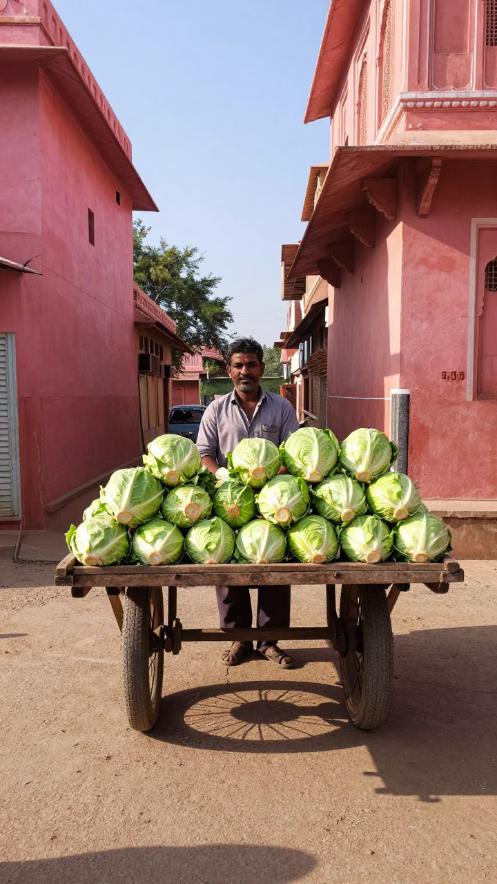 Jaipur Street Vendor Selling Fresh Cabbages in Late Morning Sunlight in in Jaipur, India