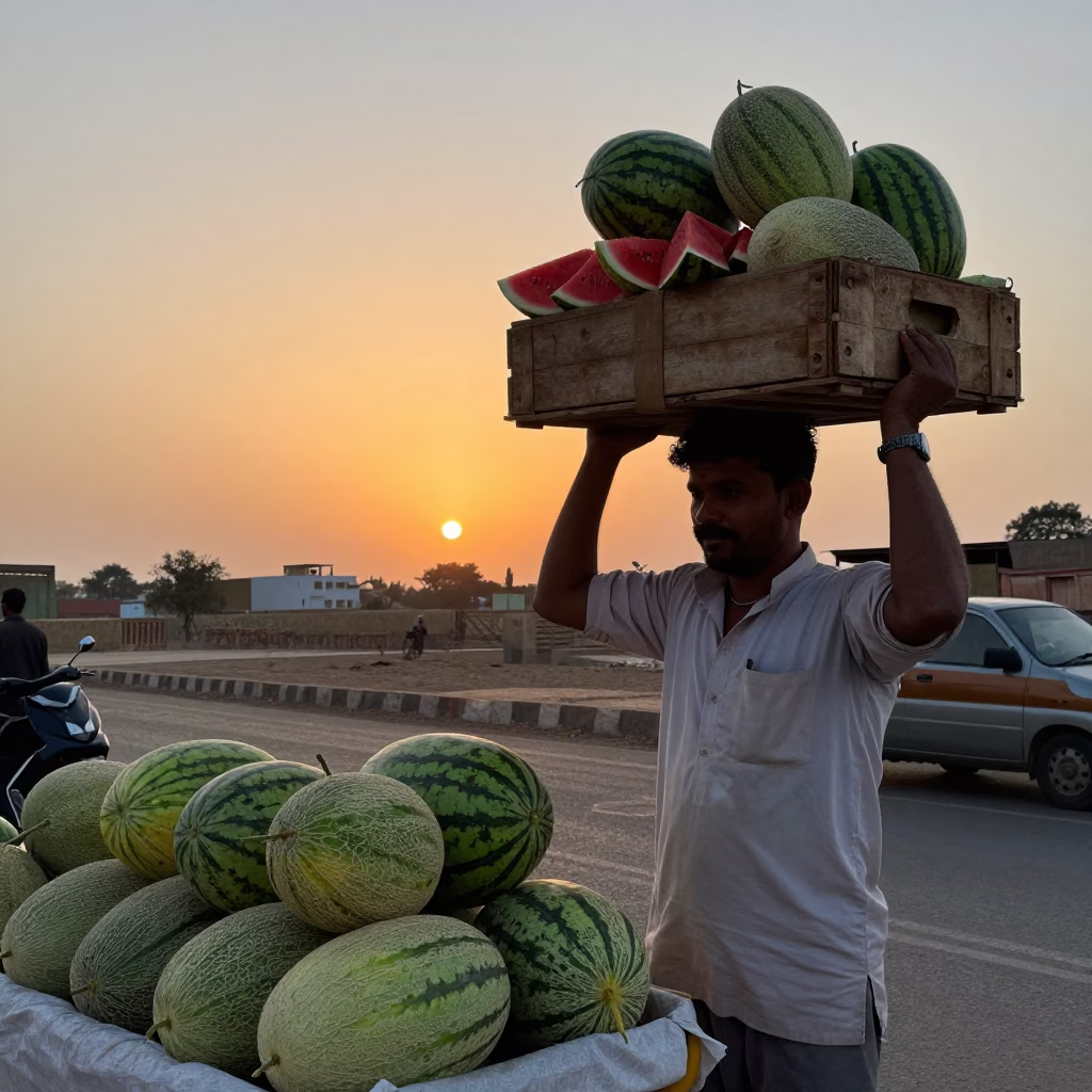 Jaipur street vendor selling fresh melons at sunset with pink sandstone architecture in in Jaipur, India
