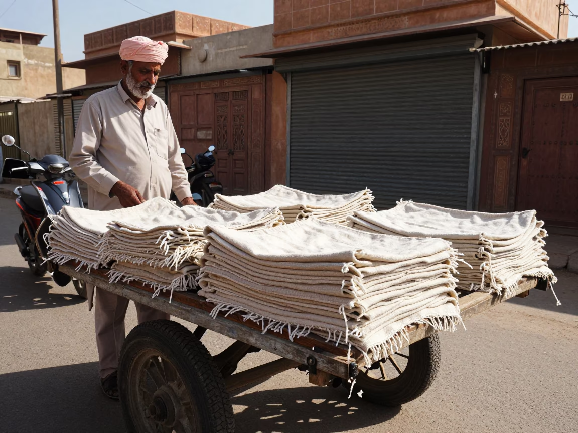 Jaipur street vendor selling linen towels under bright afternoon sun in in Jaipur, India