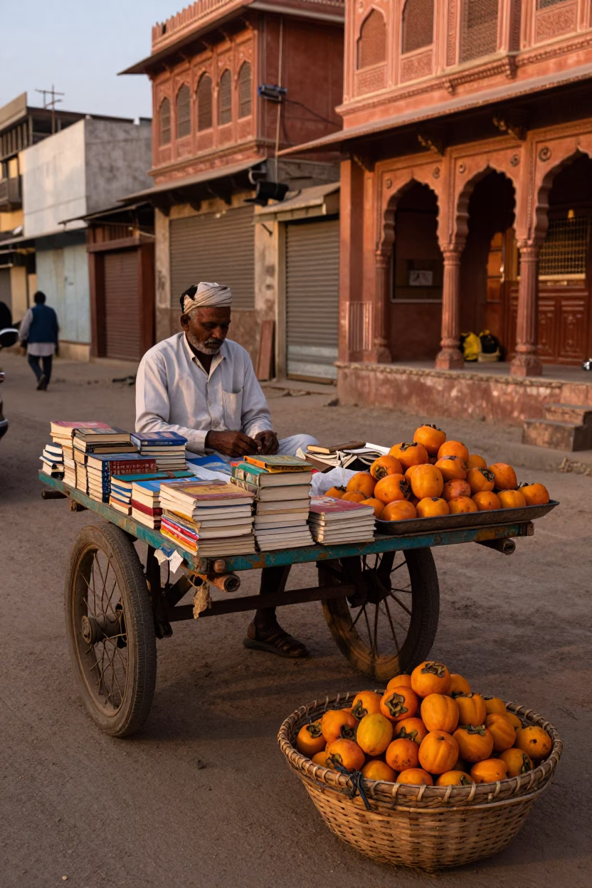 Jaipur street vendor selling persimmons and books under copper dusk light in India in in Jaipur, India