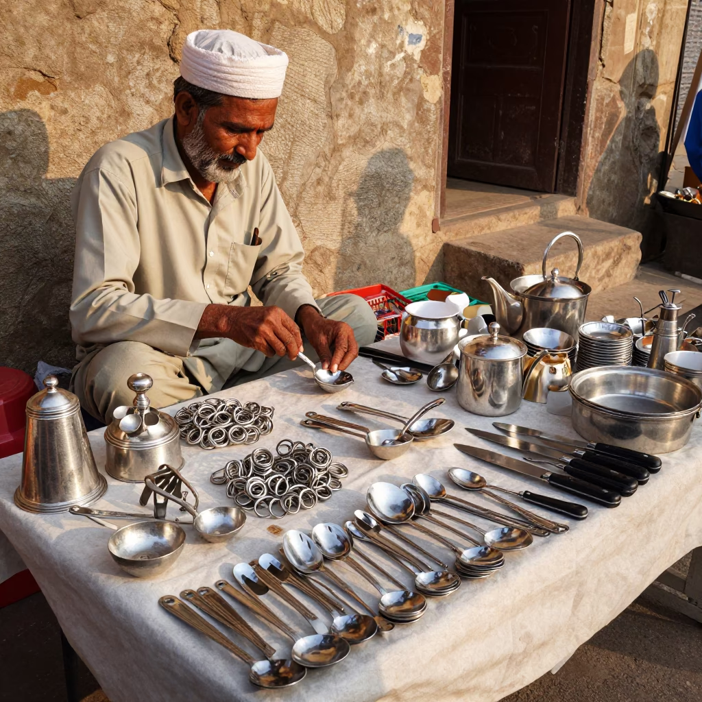Jaipur street vendor selling silverware and kitchen tools in late afternoon sunlight in in Jaipur, India