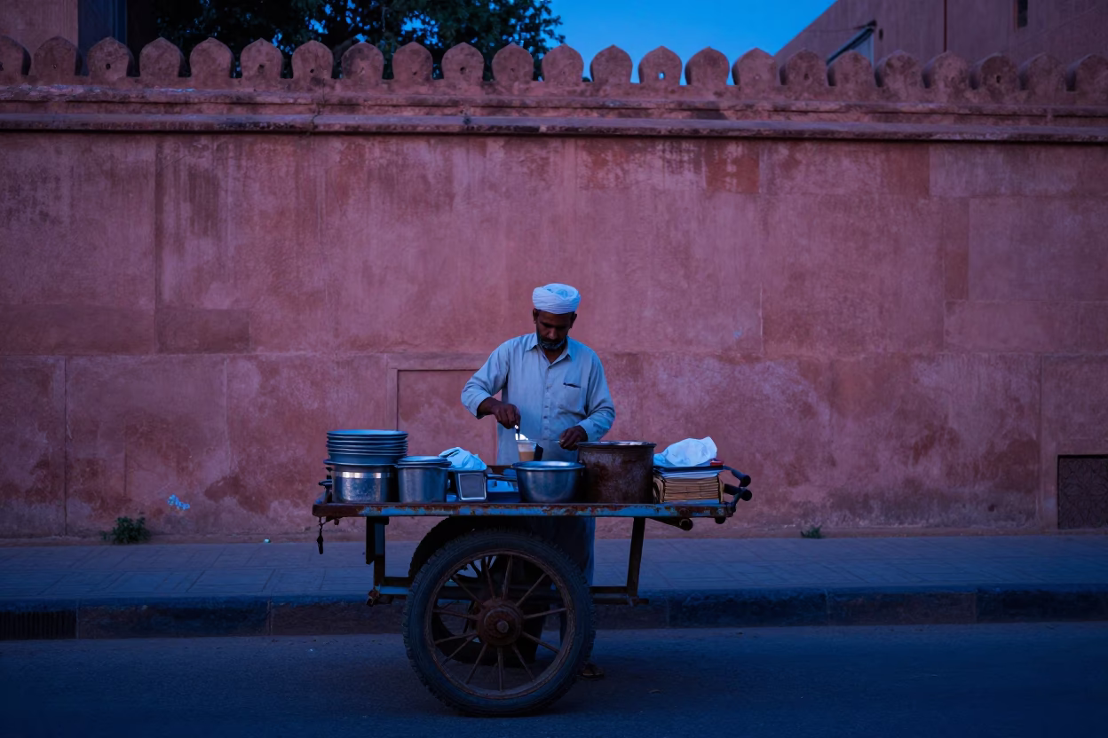 Jaipur Street Vendor Serving Chai in Indigo Twilight Near Pink Architecture in in Jaipur, India