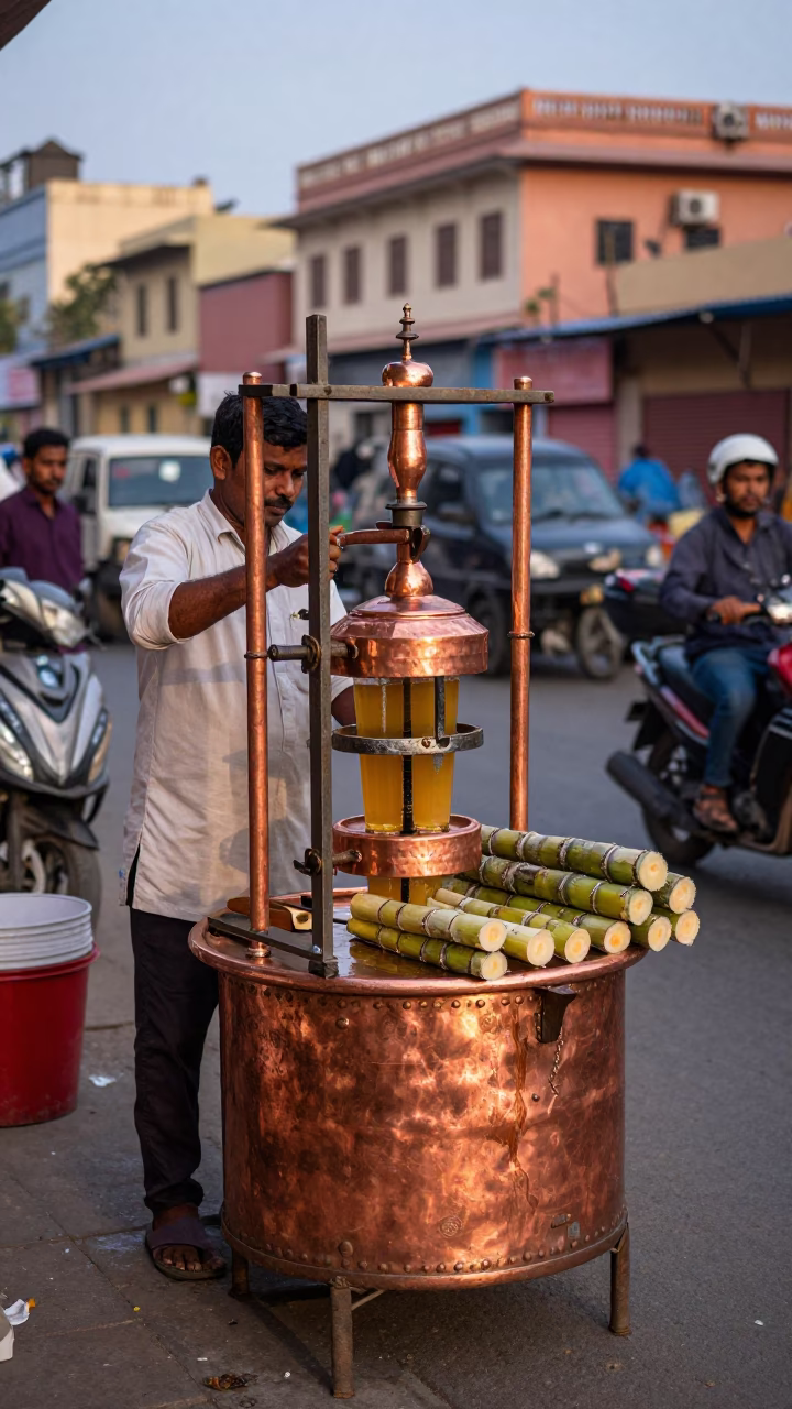 Jaipur street vendor serving fresh sugarcane juice in copper-toned dusk light in in Jaipur, India