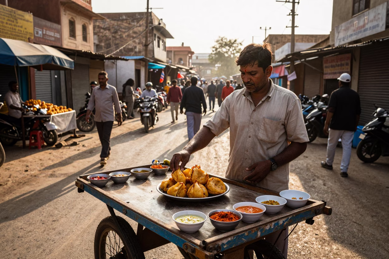 Jaipur Street Vendor Serving Spiced Aloo Tikki and Chutneys in Late Afternoon Sunlight in in Jaipur, India