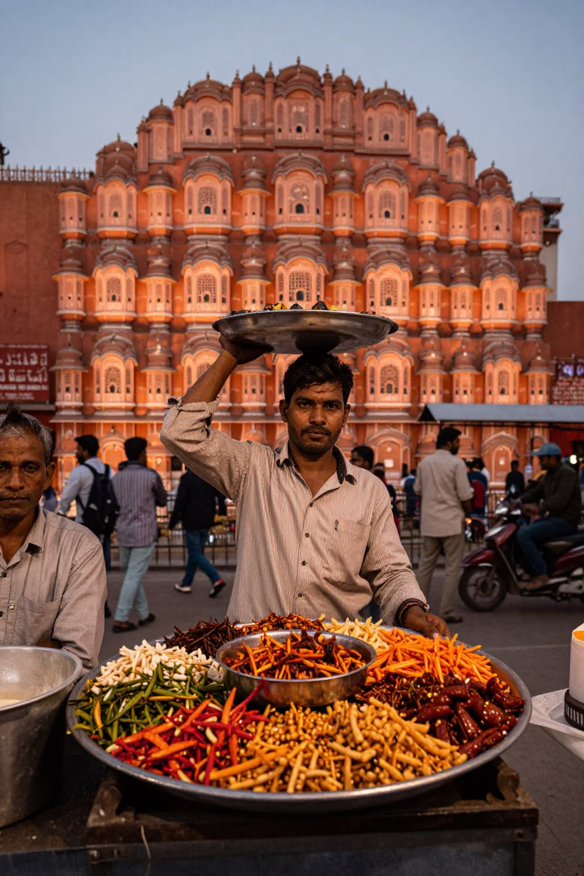 Jaipur Street Vendor Serving Spicy Chaat Under Copper Toned Dusk Light in in Jaipur, India