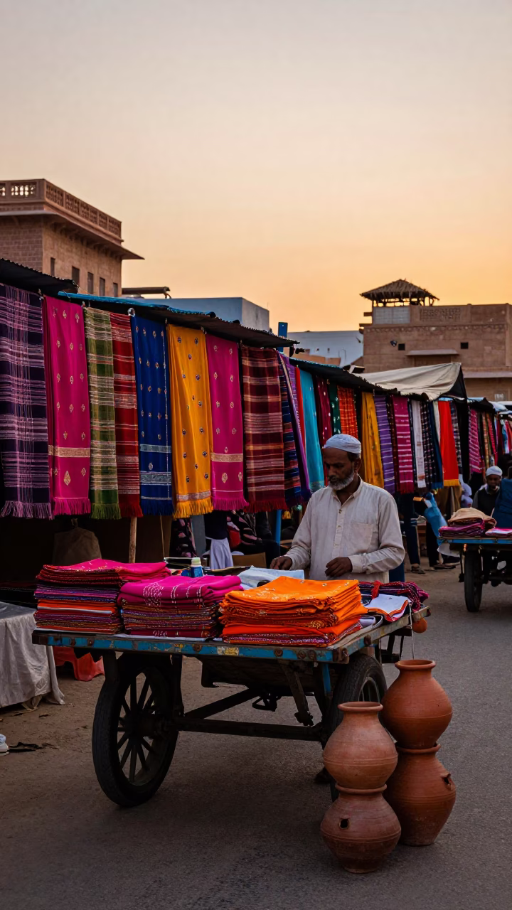 Jaipur street vendor sunset scene with colorful textiles and clay pots in in Jaipur, India