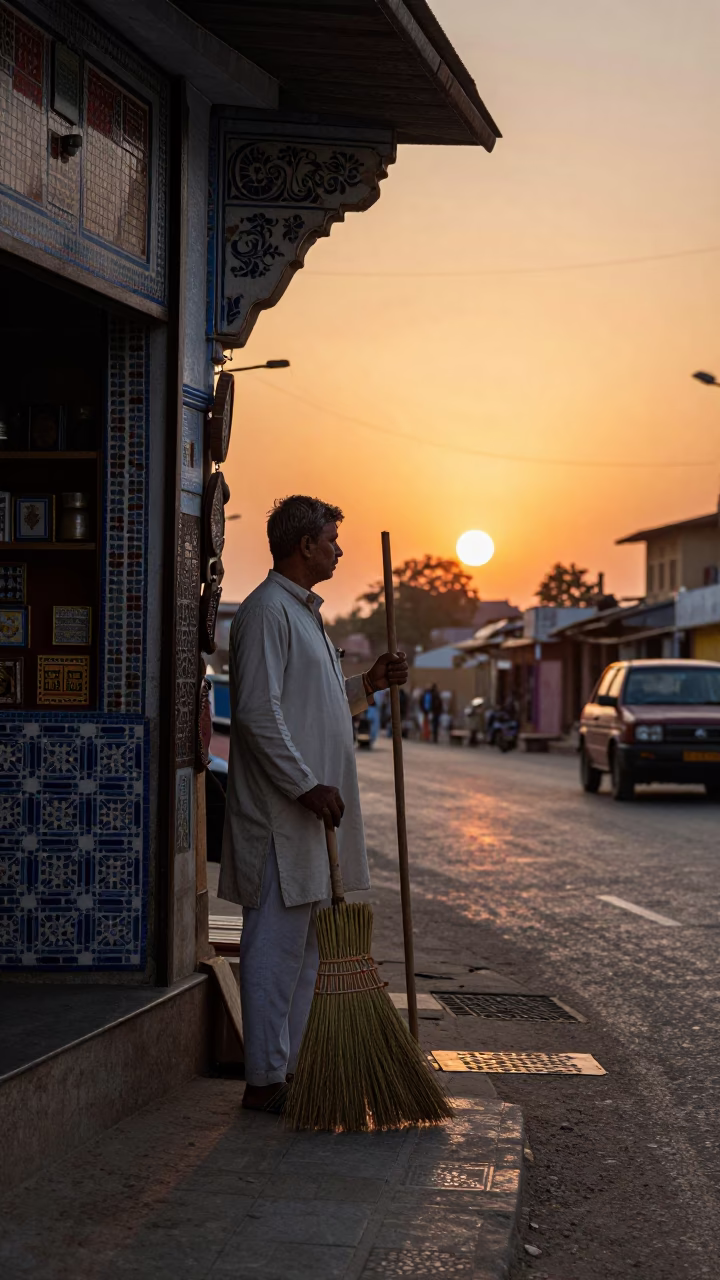 Jaipur street vendor with hand broom and mosaic tiles at sunset in in Jaipur, India