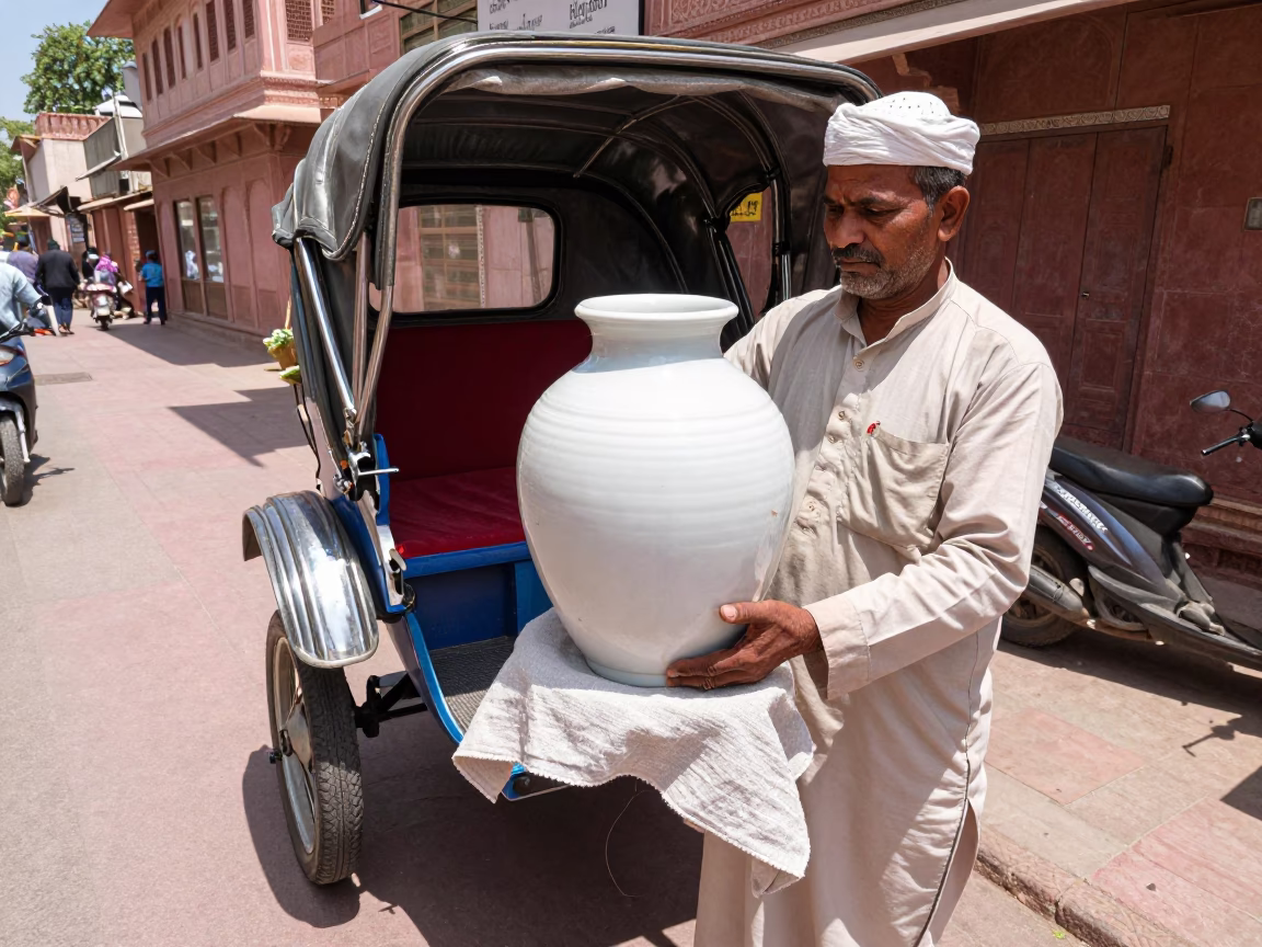 Jaipur street vendor with porcelain jar and linen cloth under midday sun in in Jaipur, India