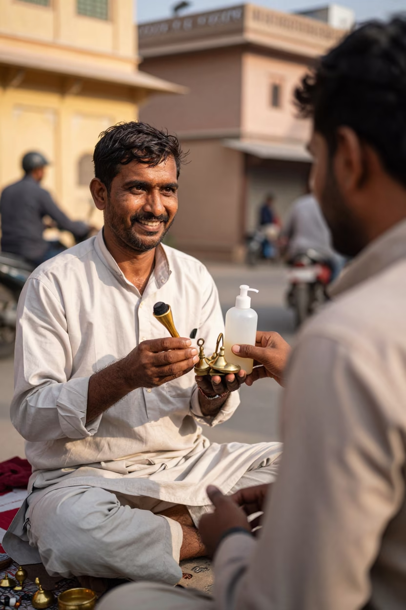Jaipur Street Vendor with Soap Bottle and Burnisher in Late Afternoon Light in in Jaipur, India