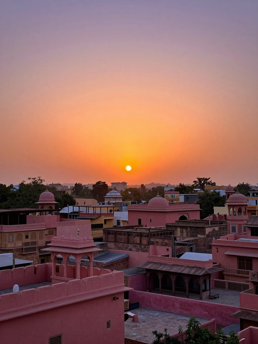 Jaipur Sunset Horizon View with Pink Sandstone Architecture and Traditional Street Life in in Jaipur, India