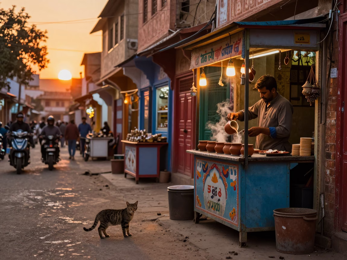 Jaipur Sunset Street Scene with Cat and Colorful Shop Items in in Jaipur, India
