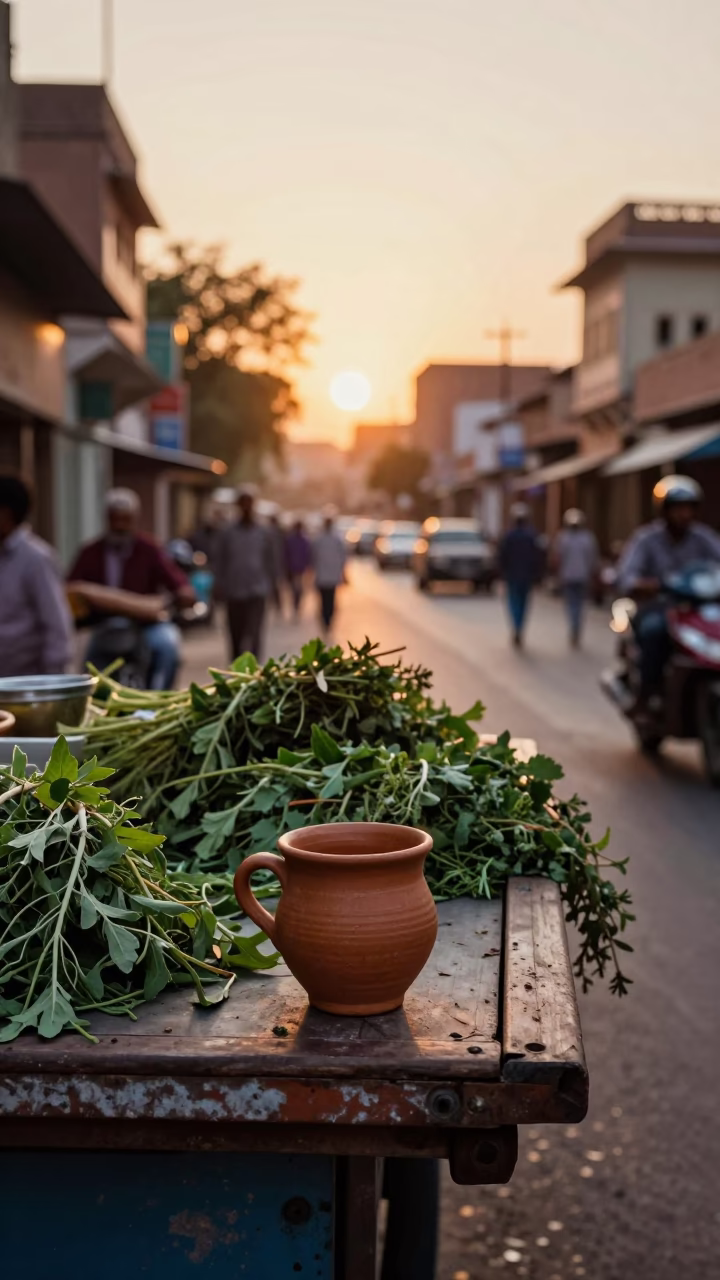 Jaipur Sunset Street Scene with Ceramic Cup and Herb Vendor in in Jaipur, India
