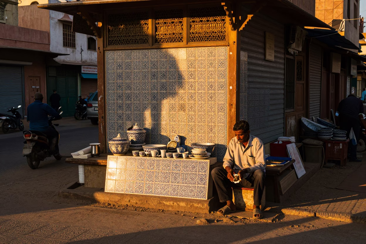 Jaipur Sunset Street Scene with Ceramic Tiles and Tea Tray in in Jaipur, India