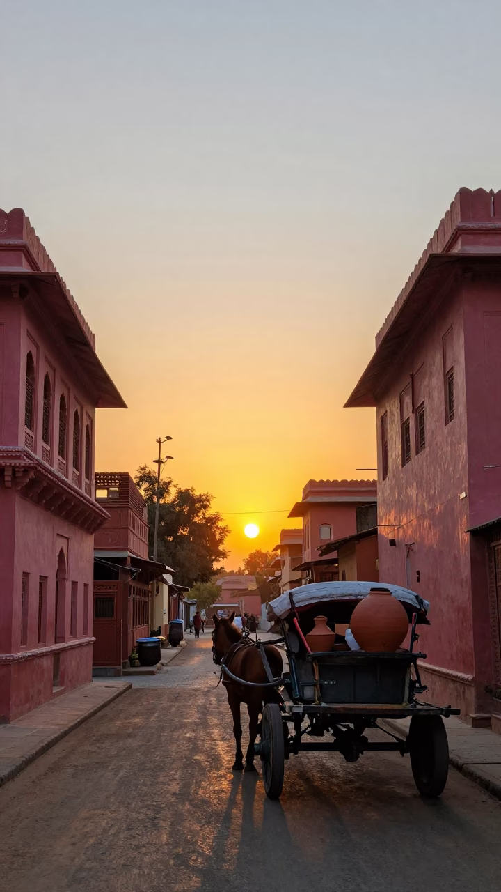 Jaipur Sunset Street Scene with Horse Cart and Terracotta Pots in in Jaipur, India