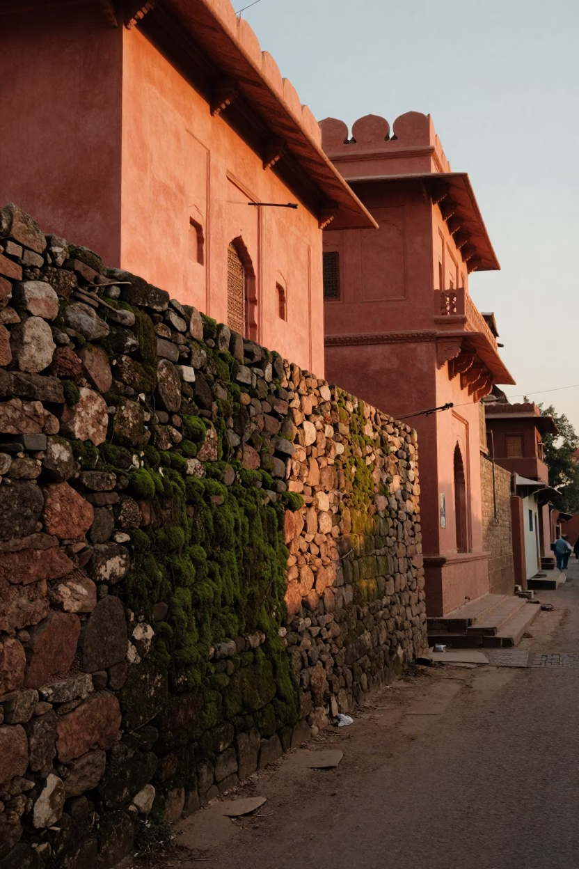 Jaipur Sunset Street Scene with Mossy Stone Wall and Flowering Plant in Indian City in in Jaipur, India