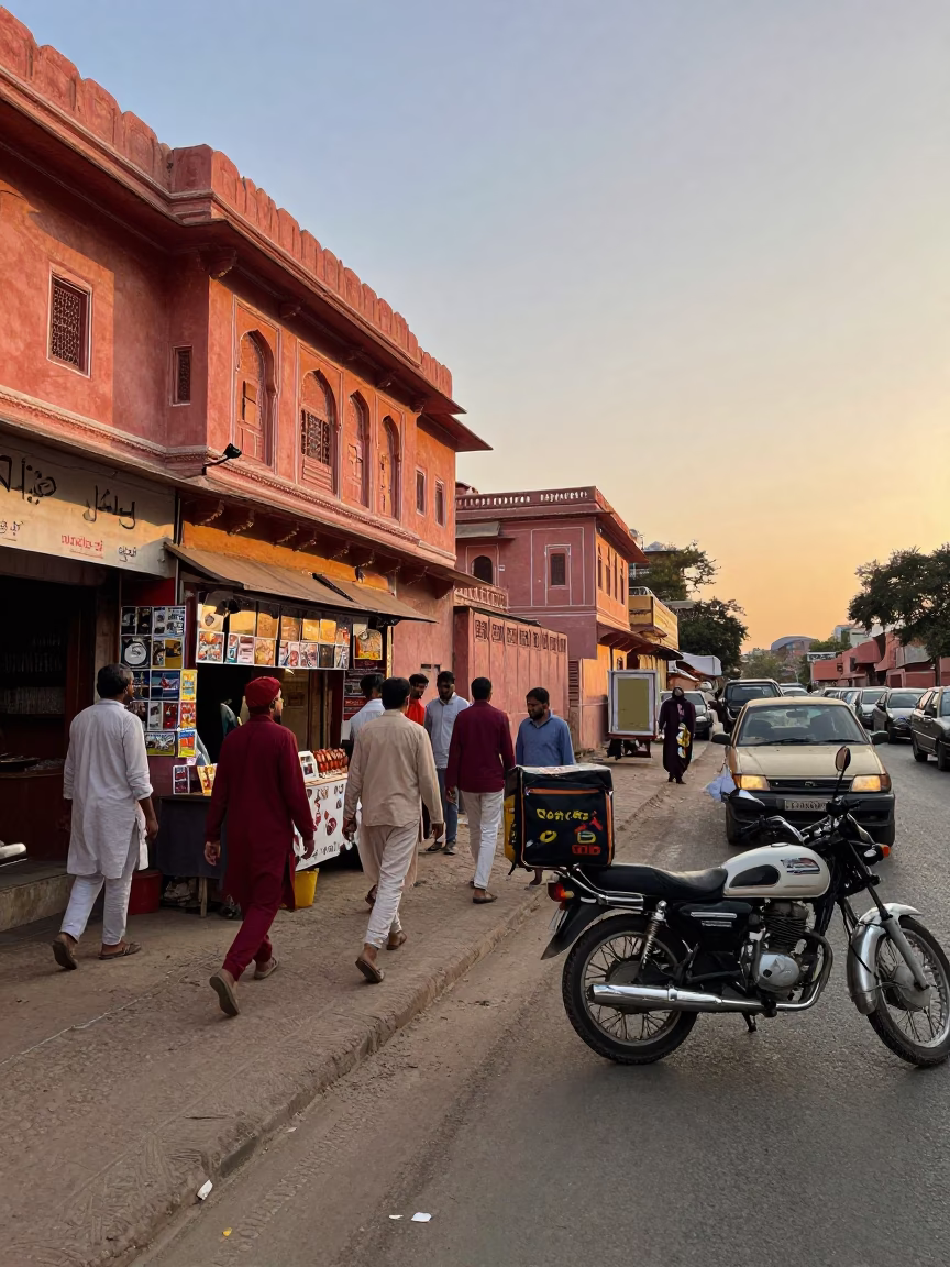 Jaipur Sunset Street Scene with Postcards and Motorcycle Traffic in Pink City in in Jaipur, India