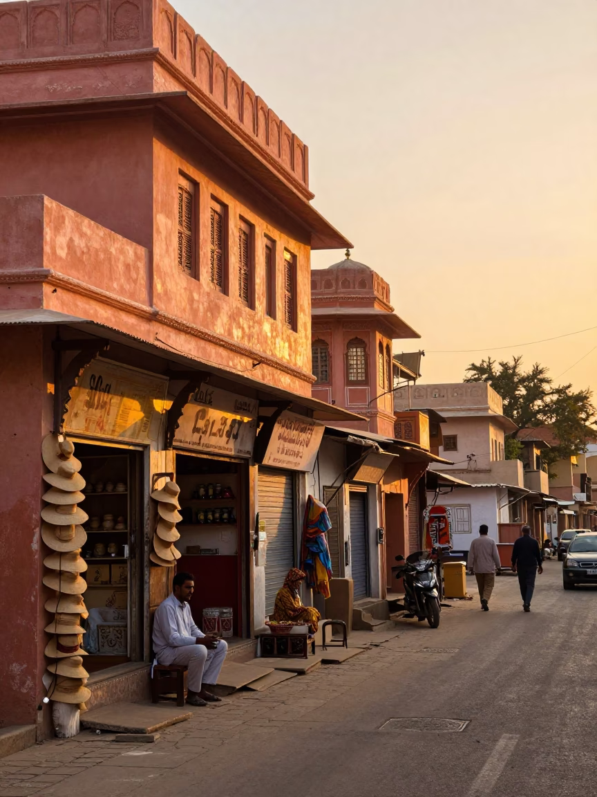Jaipur Sunset Street Scene with Sun Hats and Traditional Market Activity in in Jaipur, India