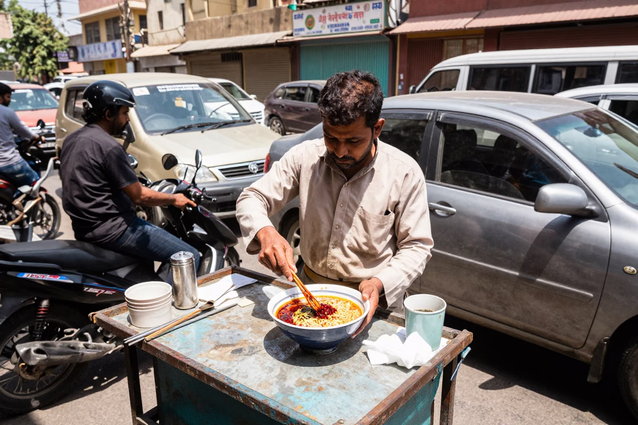 Jaipur Tantanmen Ramen at The Flat Glare Of Noon Light in in Jaipur, India