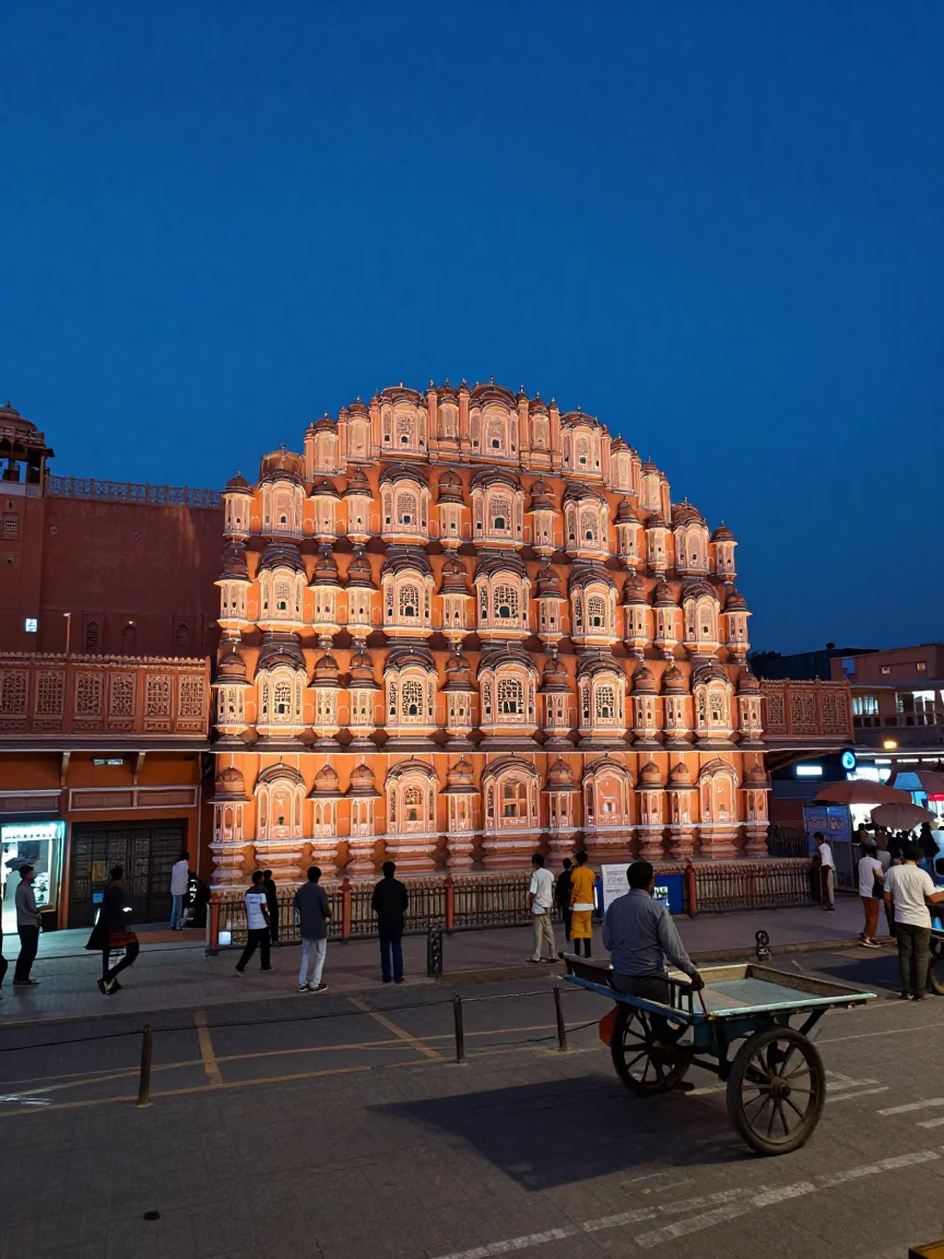 Jaipur Twilight Street Scene with Indigo Sky and Traditional Architecture in in Jaipur, India