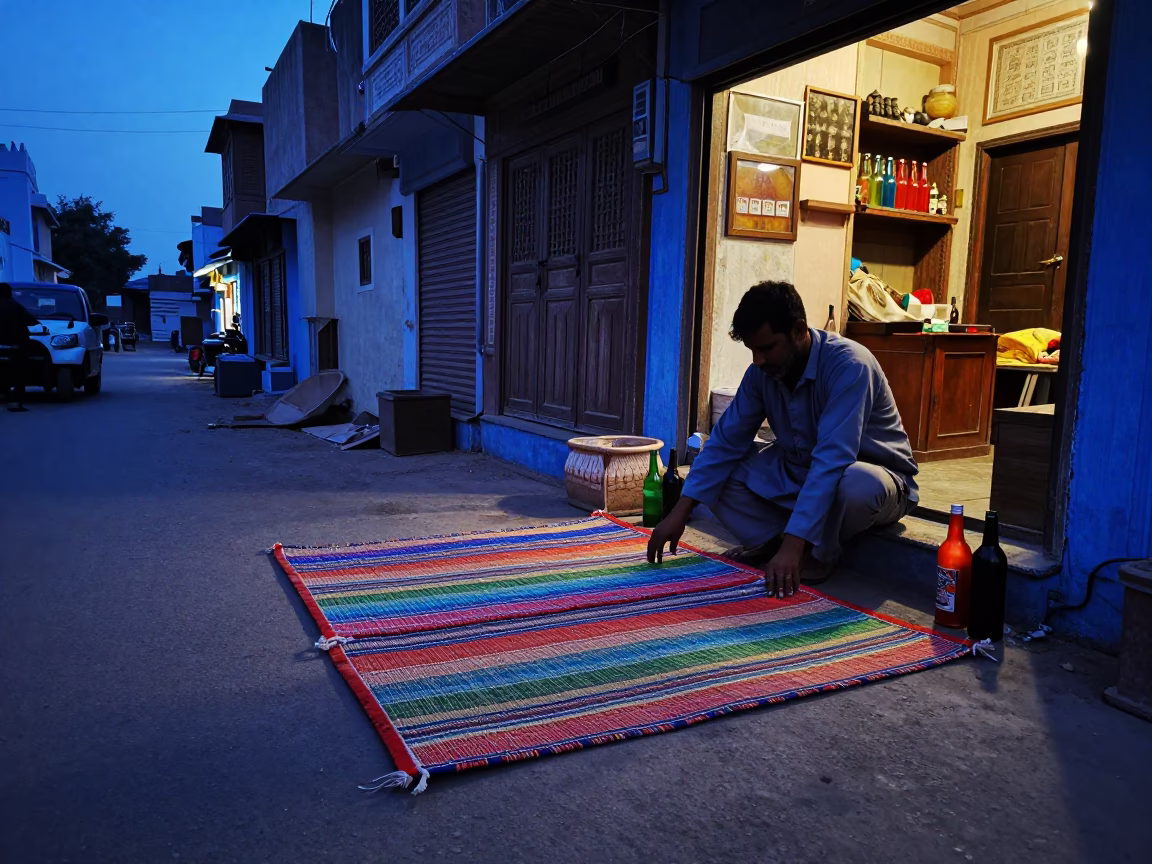 Jaipur Twilight Street Scene with Woven Mats and Colored Glass Bottles in in Jaipur, India