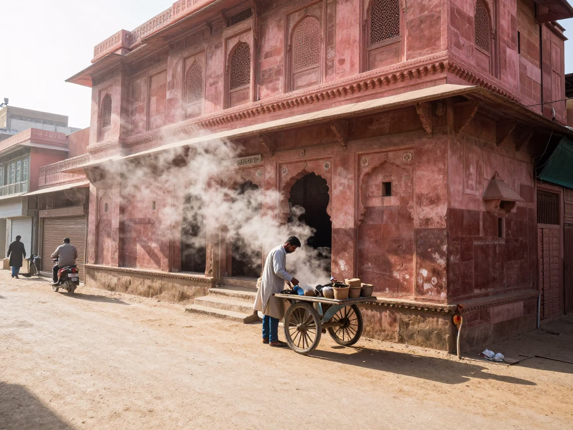 Jaipur Winter Noon Street Scene with Steam and Daily Life in in Jaipur, India
