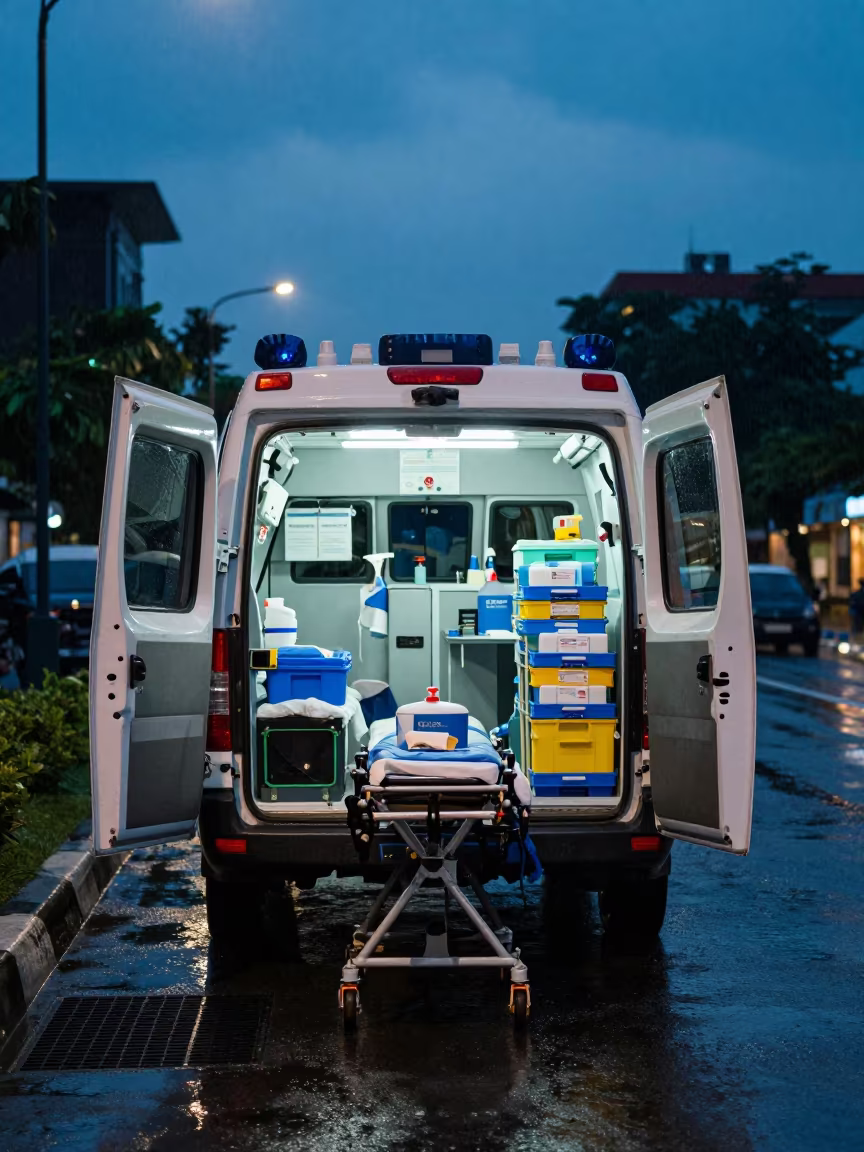 Jakarta Ambulance Bay Rain at Twilight in outside a late-night pharmacy on a wet street in Jakarta