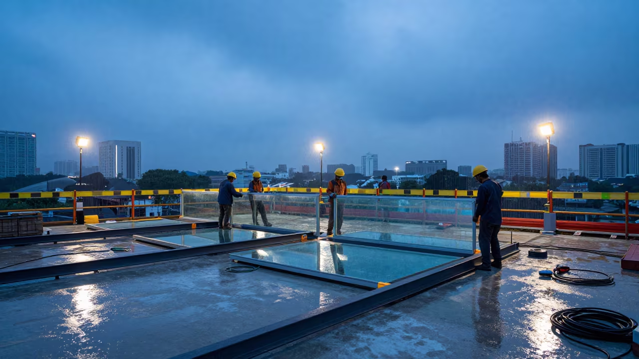 Jakarta Glazing Install Blue Hour Rain in on an active construction deck in Jakarta