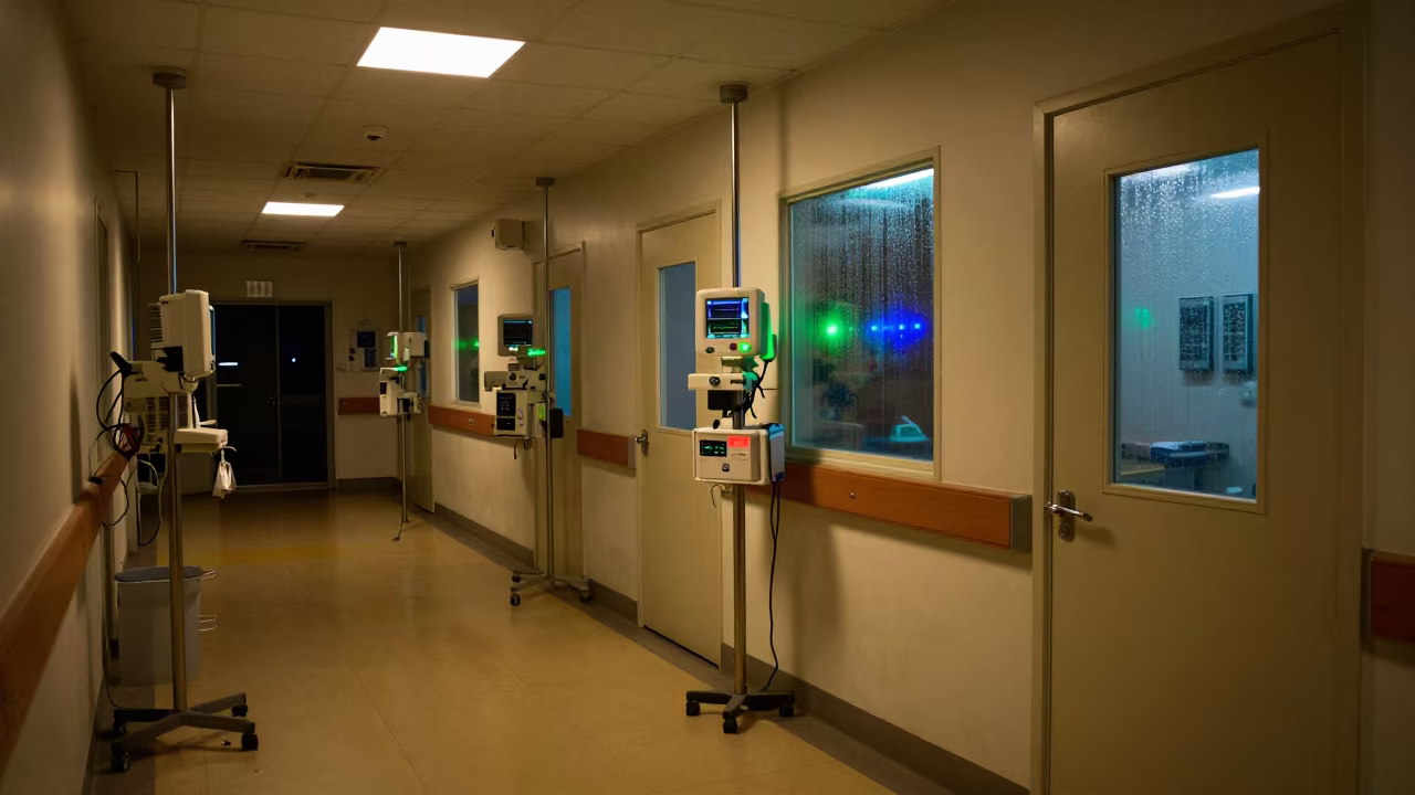 Jakarta ICU Corridor Night Handoff with Blinking LEDs in inside a clinic exam room in Jakarta